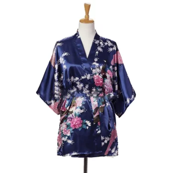 Lace Up Woman Peacock Print Japanese Kimono Yukata Silk Satin Short Style Sleepwear Home Nightgown Bath Robe Costume 6