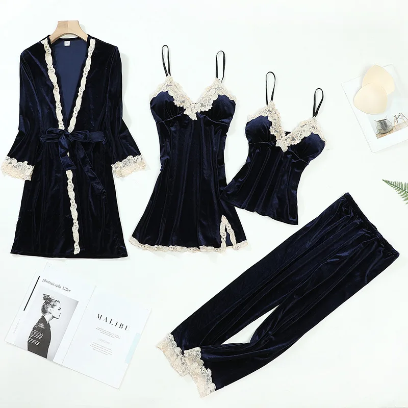 Casual Velour Homewear Set Frauen Pyjama Langarm Lace Velvet 22 3562142370