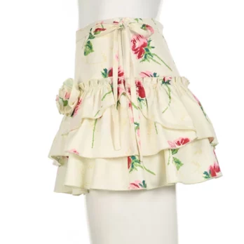 2024 Women Fairycore Aesthetic Cottagecore Y2k Skirt Grunge Florals Printed Low Waist Lace-up Skirt Vintage Pastel Goth Skirt 2