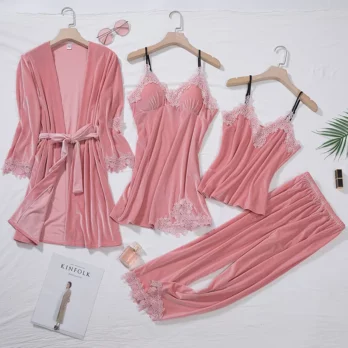 Casual Velour Homewear Set Frauen Pyjama Langarm Lace Velvet 9 TOP Casual Velour Home Clothing 4pcs Sleep Set Intimate Lingerie Women Pajamas Suit Long Sleeve Lace Velvet Homewear Pyjamas 4